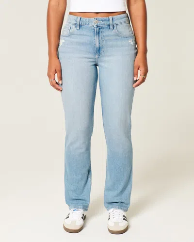 Hollister Curvy High-rise Distressed Light Wash Straight Jeans In Blue