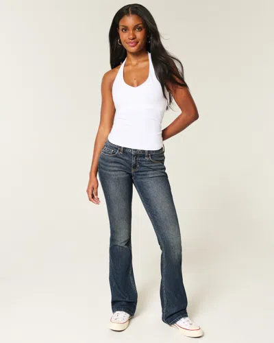 Hollister Low-rise Dark Wash Embroidered Bootcut Jeans In Blue