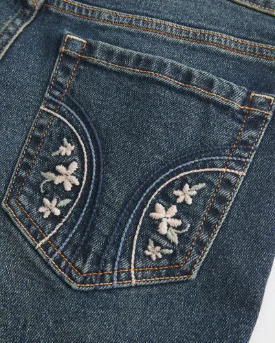 Hollister Low-rise Dark Wash Embroidered Bootcut Jeans In Blue