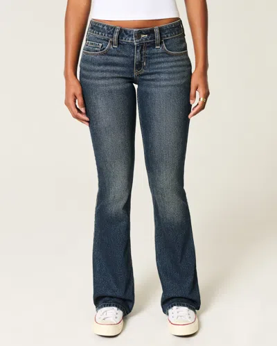 Hollister Low-rise Dark Wash Embroidered Bootcut Jeans In Blue