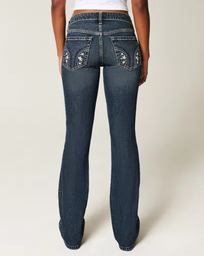 Hollister Low-rise Dark Wash Embroidered Bootcut Jeans In Blue