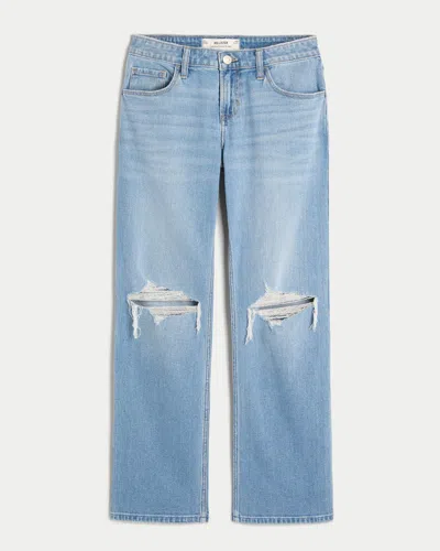 Hollister Low-rise Ripped Medium Wash Relaxed Straight Jeans In Blue