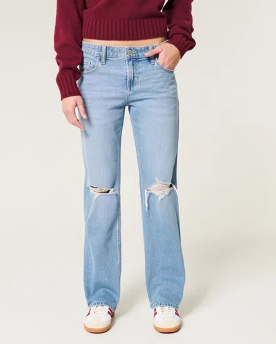 Hollister Low-rise Ripped Medium Wash Relaxed Straight Jeans In Blue