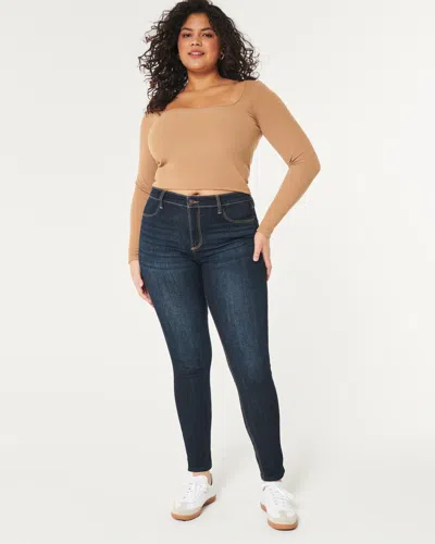 Hollister Curvy High-rise Dark Wash Super Skinny Jeans In Brown