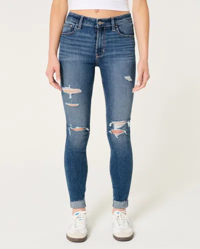 Hollister High-rise Ripped Medium Wash Super Skinny Jeans In Blue