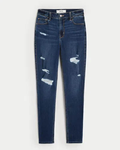 Hollister High-rise Ripped Dark Wash Super Skinny Jeans In Blue