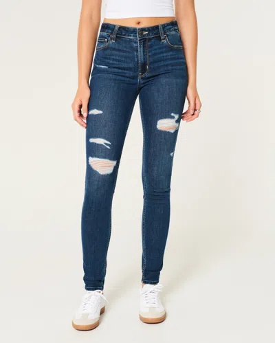 Hollister High-rise Ripped Dark Wash Super Skinny Jeans In Blue
