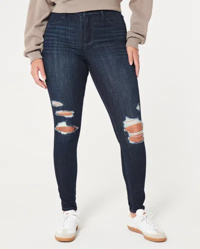 Hollister Curvy High-rise Ripped Dark Wash Jean Leggings In Blue