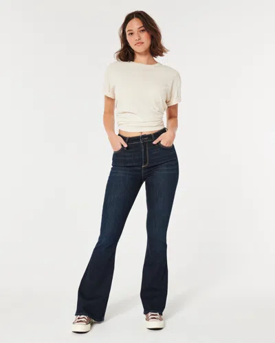 Hollister Curvy High-rise Dark Wash Flare Jeans In Blue