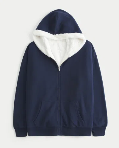 Hollister Reversible Faux Fur-lined Fleece Zip-up Hoodie In Blue