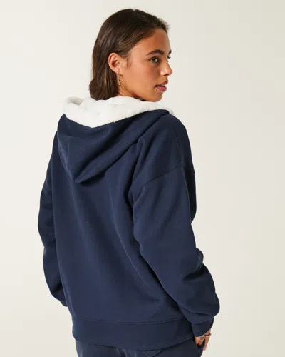 Hollister Reversible Faux Fur-lined Fleece Zip-up Hoodie In Blue