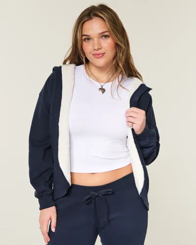Hollister Faux Fur-lined No-close Fleece Cardigan In Blue
