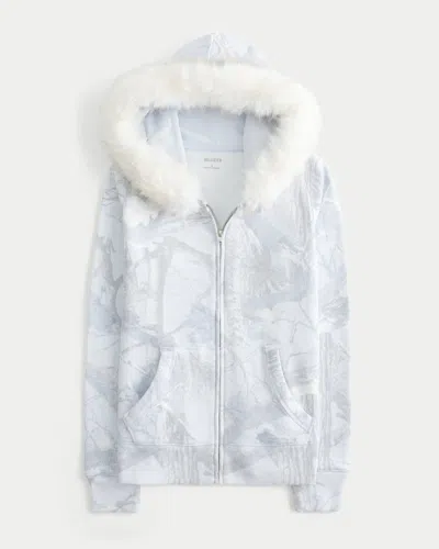Hollister Faux Fur Trim Zip-up Camo Hoodie In White