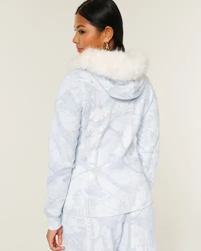 Hollister Faux Fur Trim Zip-up Camo Hoodie In White