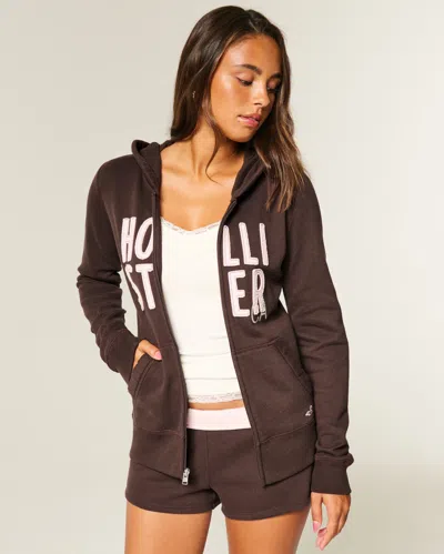 Hollister Logo Graphic Zip-up Hoodie In Brown