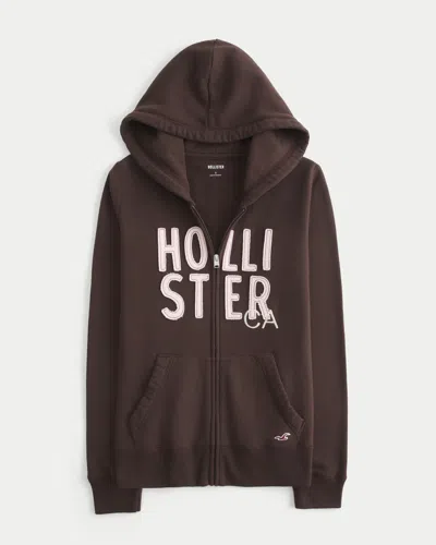 Hollister Logo Graphic Zip-up Hoodie In Brown