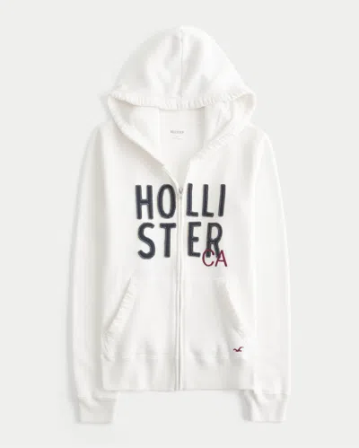 Hollister Logo Graphic Zip-up Hoodie In White