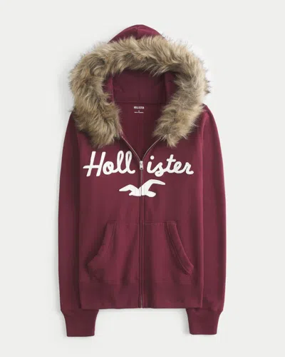 Hollister Faux Fur Trim Logo Graphic Zip-up Hoodie In Red