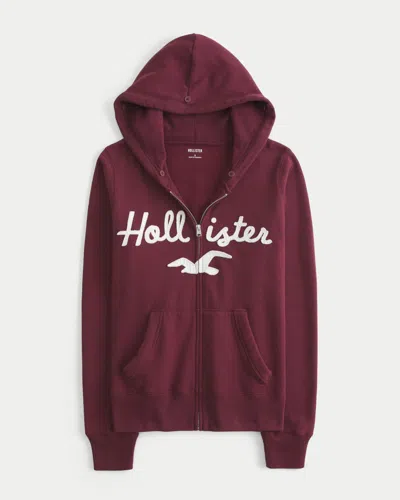 Hollister Faux Fur Trim Logo Graphic Zip-up Hoodie In Red