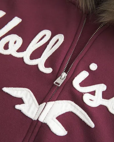 Hollister Faux Fur Trim Logo Graphic Zip-up Hoodie In Red