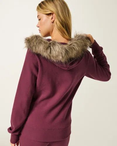 Hollister Faux Fur Trim Logo Graphic Zip-up Hoodie In Red