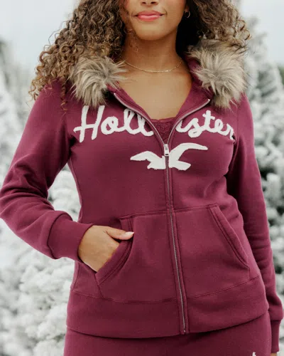 Hollister Faux Fur Trim Logo Graphic Zip-up Hoodie In Red
