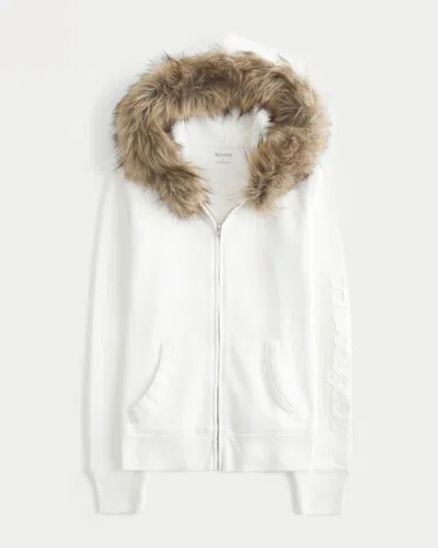 Hollister Faux Fur Trim Logo Graphic Zip-up Hoodie In White