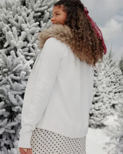 Hollister Faux Fur Trim Logo Graphic Zip-up Hoodie In White