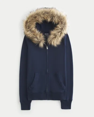 Hollister Faux Fur Trim Zip-up Hoodie In Blue