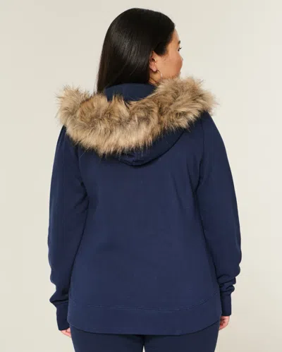 Hollister Faux Fur Trim Zip-up Hoodie In Blue
