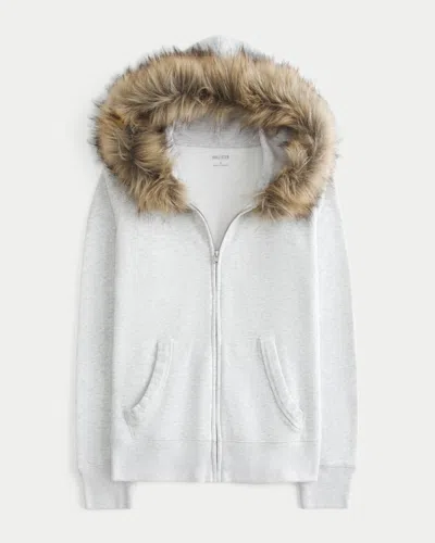 Hollister Faux Fur Trim Zip-up Hoodie In White