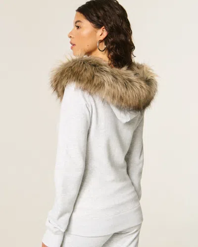 Hollister Faux Fur Trim Zip-up Hoodie In White