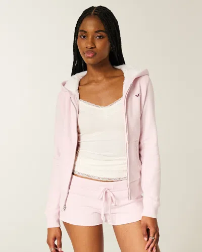 Hollister Faux Fur-lined Zip-up Hoodie In Pink