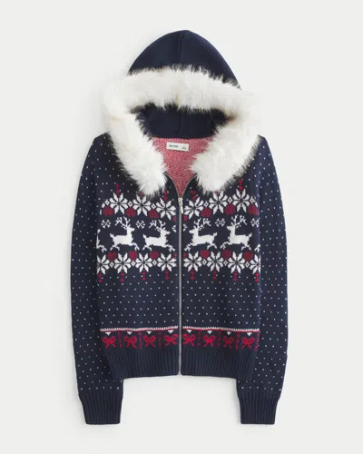 Hollister Hooded Faux Fur Trim Fair Isle Zip-up Sweater