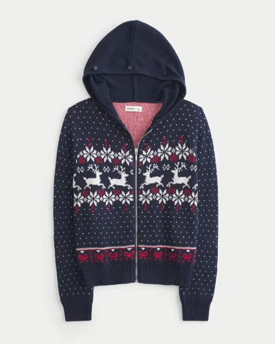 Hollister Hooded Faux Fur Trim Fair Isle Zip-up Sweater