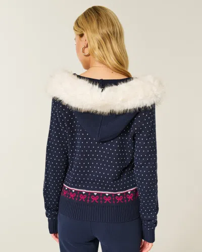 Hollister Hooded Faux Fur Trim Fair Isle Zip-up Sweater