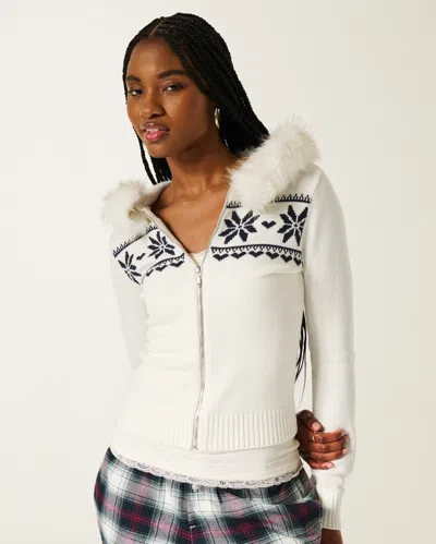Hollister Hooded Faux Fur Trim Fair Isle Zip-up Sweater