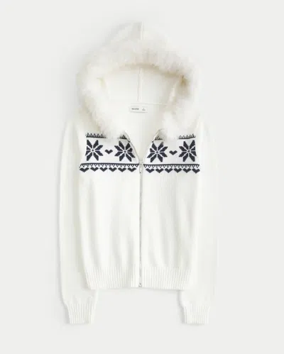Hollister Hooded Faux Fur Trim Fair Isle Zip-up Sweater