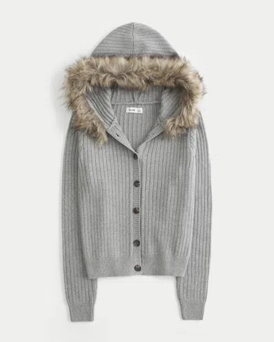 Hollister Hooded Faux Fur Trim Cardigan In Gray