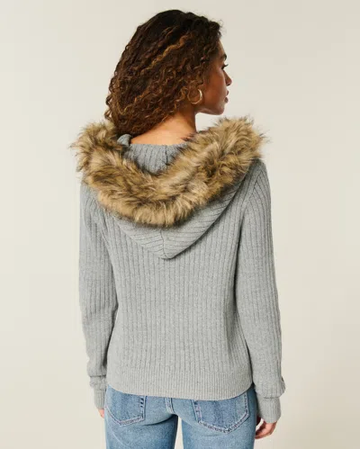 Hollister Hooded Faux Fur Trim Cardigan In Gray
