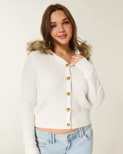 Hollister Hooded Faux Fur Trim Cardigan In White