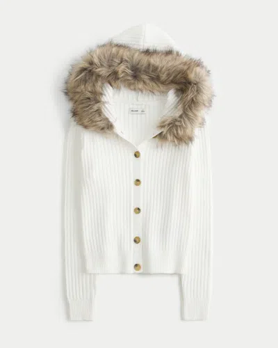 Hollister Hooded Faux Fur Trim Cardigan In White