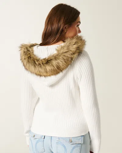 Hollister Hooded Faux Fur Trim Cardigan In White