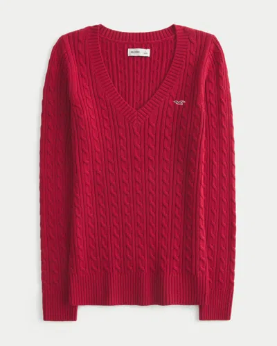 Hollister Cable-knit V-neck Icon Sweater In Red