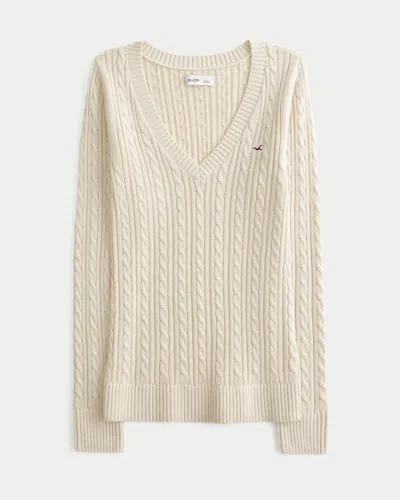 Hollister Cable-knit Icon V-neck Sweater In Neutral
