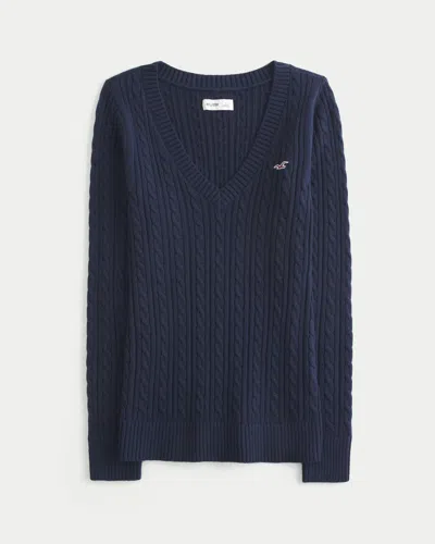 Hollister Cable-knit Icon V-neck Sweater In Blue
