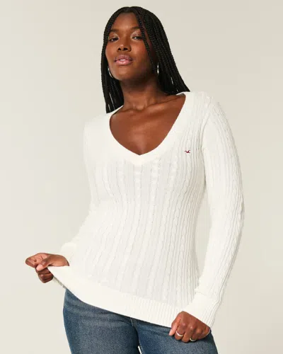 Hollister Cable-knit Icon V-neck Sweater In White