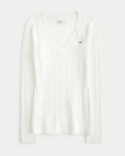Hollister Cable-knit Icon V-neck Sweater In White