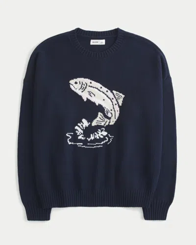 Hollister Easy Jumping Fish Graphic Crew Sweater In Blue
