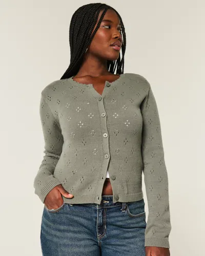 Hollister Eyelet Crew Cardigan In Gray